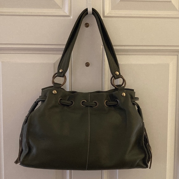 Nordstrom Olive Green Genuine Pebble Leather Double Handle Satchel/TasselsNWOT - Picture 2 of 8